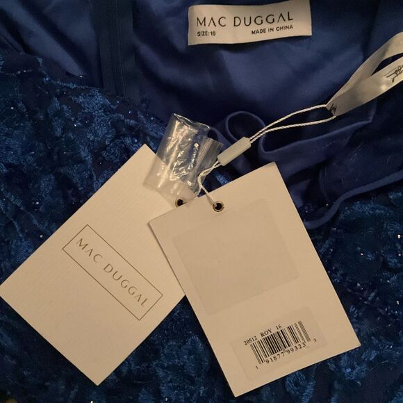 MAC DUGGAL 2051 Blue V-Neck Mesh Puff Sleeve A Line Embellished Tea Length Dress - Picture 13 of 13